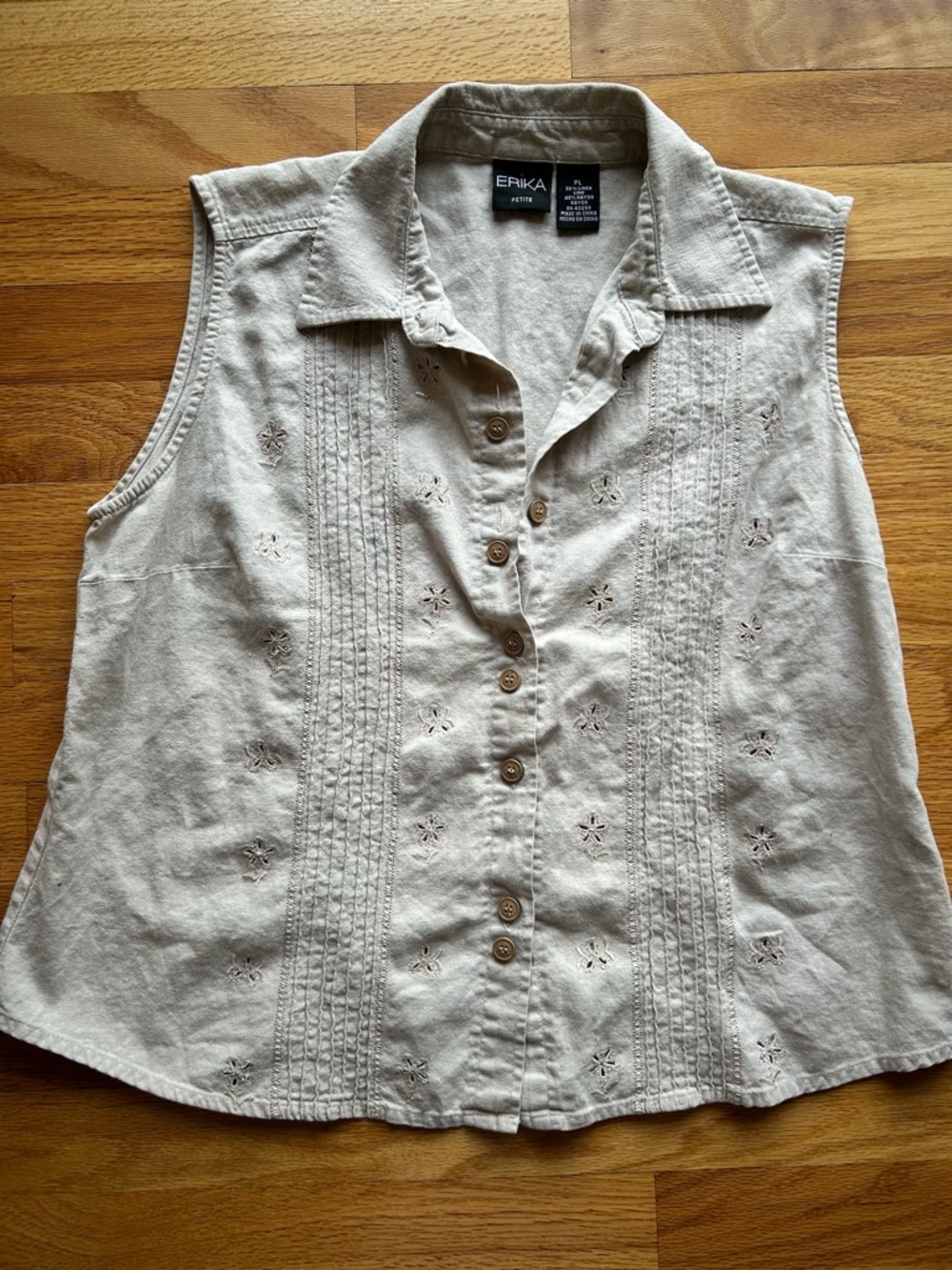 Erika Beige Sleeveless Button-Front Eyelet Shirt